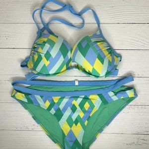 Aerie Green Yellow Womens Cheeky Hi Waisted Bikini Bathing Swim Suit Size Large